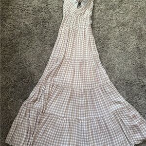 Tiered Gingham Maxi Dress in tan and White